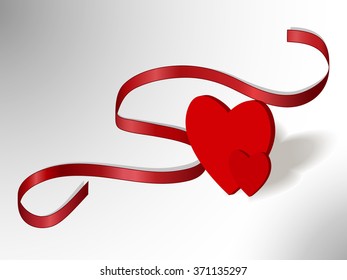 Red hearts with red ribbon on white-grey background, vector illustration