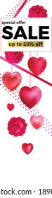 Red hearts. Sale. Discounts. Valentine's Day. Vector illustration. Banner. Advertising. Red roses.
