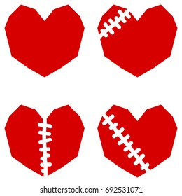 Red hearts with scar. Set of four icons isolated on white background.