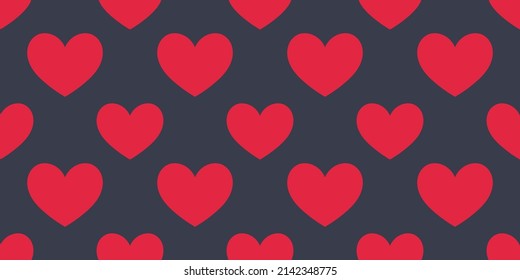 Red hearts seamless dark blue background pattern. Vector illustration.