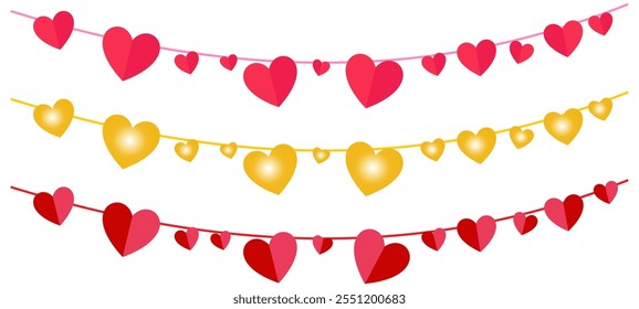 Red hearts seamless decoration. Valentine's day frame, border. Wedding string ornaments isolated on transparent background. Mother's day garland. For banners, party posters. Vector