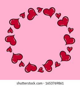 Red hearts seamless frame. Cute cartoon hearts. Love ornament