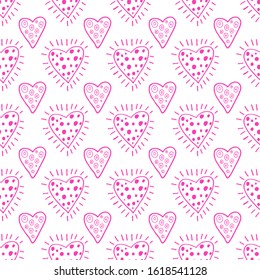 Red hearts seamless pattern in doodle style isolated on white background. Vector stock illustration for Valentines Day decor and wedding invitations.