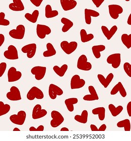 Corações vermelhos Padrão Sem Costura Desenhado à mão Vetor Doodle Romantic Sketch Symbols.