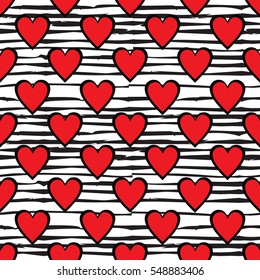 Red hearts seamless pattern on doodle line background. St. Valentines day wrapping paper. Vector illustration