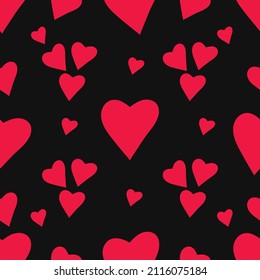Red hearts seamless pattern Red shades on black background Heart silhouettes for valentines day Vector EPS10