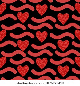 Red hearts seamless pattern with small hearts inside and horizontal wavy strokes, bright doodle valentines on a black background vector illustration for design