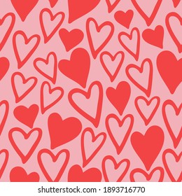 red hearts seamless pattern. Valentine's Day love theme, vector hand drawn illustration