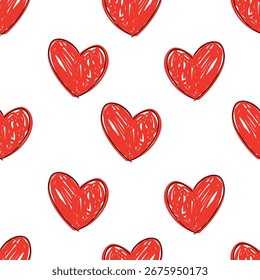 Red Hearts Seamless Pattern Vector Illustration Hand Drawn