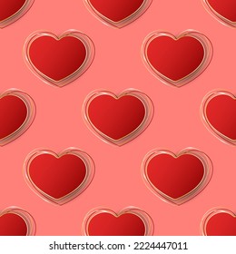 Red hearts seamless pattern. Volumetric vector hearts with gold abstract lines on pink background. Best for web, polygraphy, print and St. Valentine's Day decoration. EPS 10.