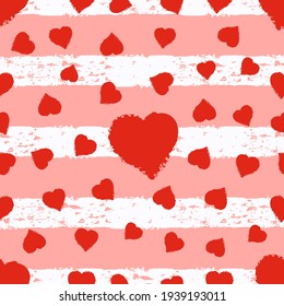 Red hearts seamless pattern with white stripes. Heart confetti seamless pattern on striped background.