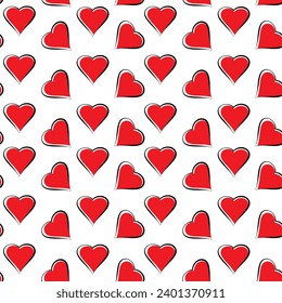 Red hearts seamless vector pattern, decorative background for Valentine's Day, wedding, anniversary, celebration, wallpaper, packaging.