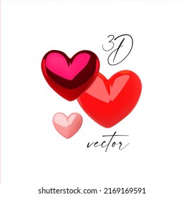 Red hearts set. Glossy 3D heart, feeling sign isolated on white.