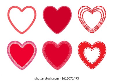 Red hearts set isolated on white background. Imitation of embroidery. Vector illustration. Fashion decoration template. Love symbol for card, invitation, posters, placards, banners.