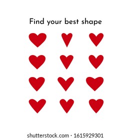 Red hearts set isolated on white. Symbol for love, marriage, gift, Valentine's Day. Cartoon flat style. Vector design.  