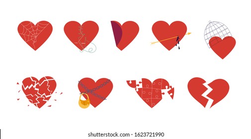 Red hearts set isolated on white. Clipart of broken heart sewing by thread, in chains closed on lock, covered a cage, in a web. Symbols of love, wedding and Valentines day Flat Art Vector illustration