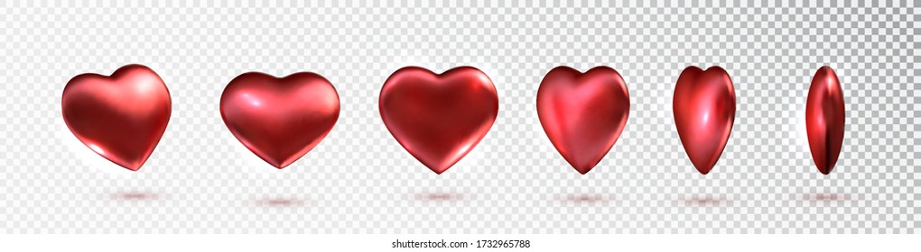 Corazones rojos de metal en diferentes proyecciones. Colección de corazones rojos vectores. Corazones realistas con sombras. Icono de símbolo de amor