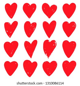 Red hearts set. Symbol of Valentine day. Love and wedding theme icons. Heart isolated on white background. Vector illustration.