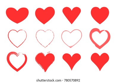 Red hearts set. Valentines day icons. Isolated on white signs. Vector illustration