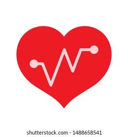 red hearts shape with beat pulse line isolated on white, heart wave icon flat, clip art heartbeat of medical apps and websites, shaped heart and beat pulse cardiography sign, cardiology medical symbol