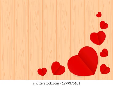 red hearts shape on brown wood pastel color soft for banner background copy space, many heart shape decoration wall wooden brown, red heart shaped on wood for love card, heart shape symbolizes love