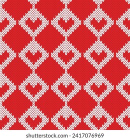 Los corazones rojos se forman en el jacquard rhombus sin costura. Fondo rojo y blanco de San Valentín. Ilustración vectorial monocroma.