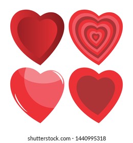 Red hearts shapes set, Flat Red Icon Isolated on White Background, collection vector.