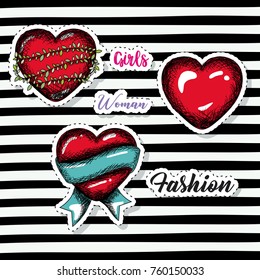 red hearts sketch set on pop art on black striped background