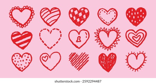 Red hearts, sketched on pink background. Doodle hearts, creative heart patterns, playful heart art. Hand-drawn hearts, charming heart collection. Cute hand drawn Valentine's Day vector.