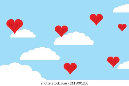 red hearts in the sky next to white clouds