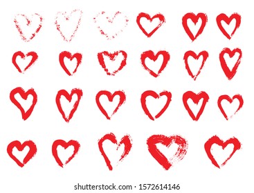 Red hearts splash style, brush stains, imprint and textures isolated. Grunge dirty shapes and silhouettes for your design.Vector iilustration on white background.