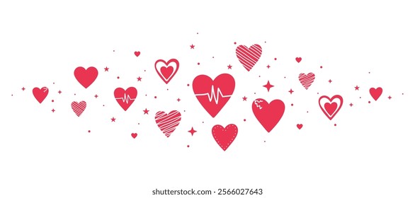 Red Hearts and Stars in Decorative Valentine Background Design. A vibrant collection of red hearts in various patterns intertwined with sparkling stars, symbolizing love and affection.