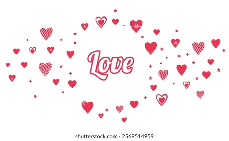 Red Hearts and Stars in Decorative Valentine Background Design. A vibrant collection of red hearts in various patterns intertwined with sparkling stars, symbolizing love and affection.