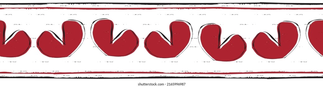 Red hearts and stripes grunge style vector border. Valentine heart painterly border with texture and brush stroke horizontal stripe top and bottom edging. Romantic edgy design for ribbon, trim