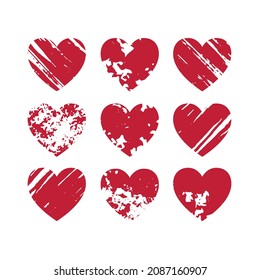 Red hearts symbol with brush texture set isolated on white. Vector
