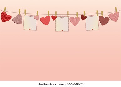 Red hearts and three blanks paper with a picture hanging on a rope. Valentine's Day. Vector illustration. Greeting card with empty space for your label or advertising. On a white background