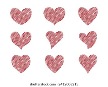 Red hearts with trendy scribble texture. Set of love symbol for web site logo, mobile app UI design. Design elements for Valentine's day. Vector illustration