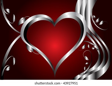 Un corazón rojo San Valentín fondo con corazones plateados en un fondo rojo floral