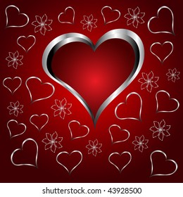 A red hearts Valentines Day Background with silver hearts and flowers on a red graduated background