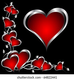 A red hearts Valentines Day Background with silver hearts and flowers on a black background