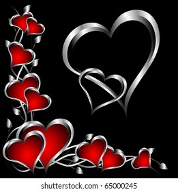 A red hearts Valentines Day Background with silver hearts and flowers on a black background