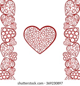 Red hearts Valentines day card on white background.