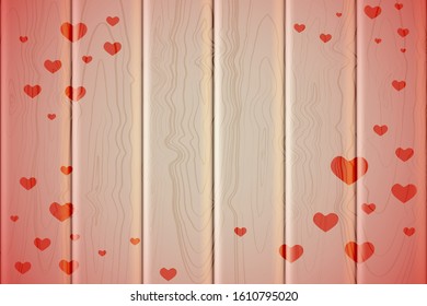 Red hearts for valentines day. Vector illustration greeting card with blank space for your label or advertisement. On a wooden background.
