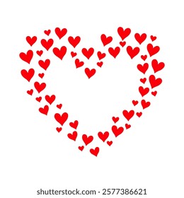 Red hearts of various sizes forming a large heart shape on a white background, symbolizing love and romance. Valentine's day illustration.