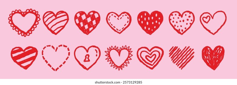 Red hearts, various styles, on pink background. Doodle hearts, hand-drawn hearts, love symbols. Red hearts, pink background, love theme, doodle. Cute hand drawn Valentine's Day vector set.