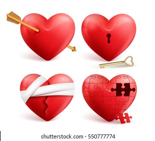 Red hearts vector 3d realistic set with arrows, key holes, puzzle and bandages for valentines day isolated in white background. Vector illustration.
 svg