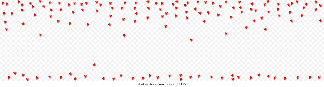 Red Hearts Vector Panoramic Transparent Backgound. Cut Confetti Card. Pink Paper Heart Design.