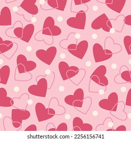 Red hearts vector seamless pattern on pink background. Cute valentines day romantic illustration for card, fabric, wallpaper or wrapping pape