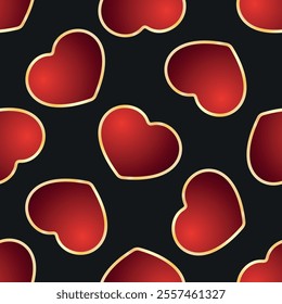 Red hearts vector seamless pattern. Volumetric gradient hearts with gold frames on black background. Best for wallpapers, wrapping paper, package and St. Valentine's Day decoration.