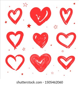 Red hearts, vector set. Hand drawn elements for your design.